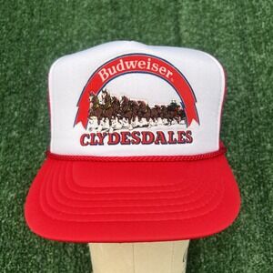 Vintage Budweiser Clydesdales Foam Trucker Hat Snapback Red White Rope Beer 80s